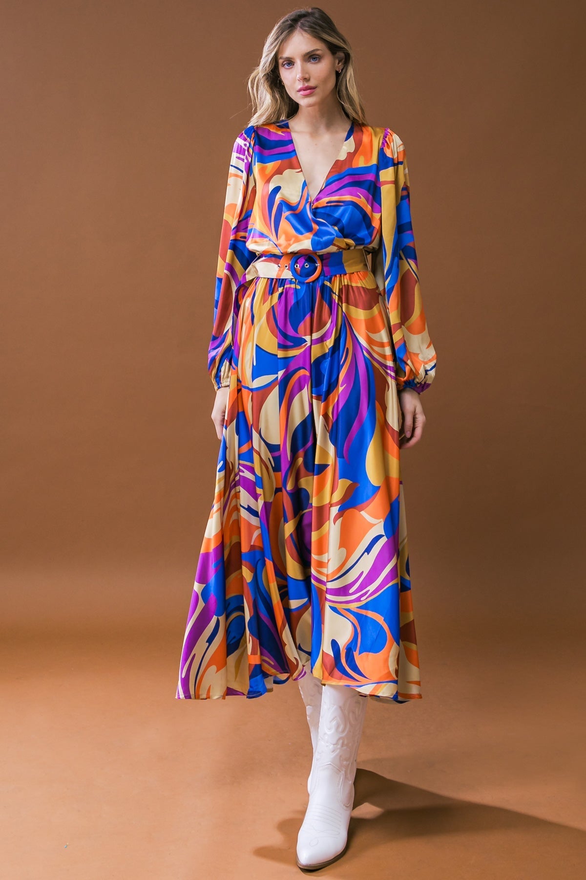 BOLD ADVENTURES WOVEN SATIN MIDI DRESS Flying Tomato